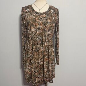 Long-Sleeve Floral Print Swing Dress in Brown Multi